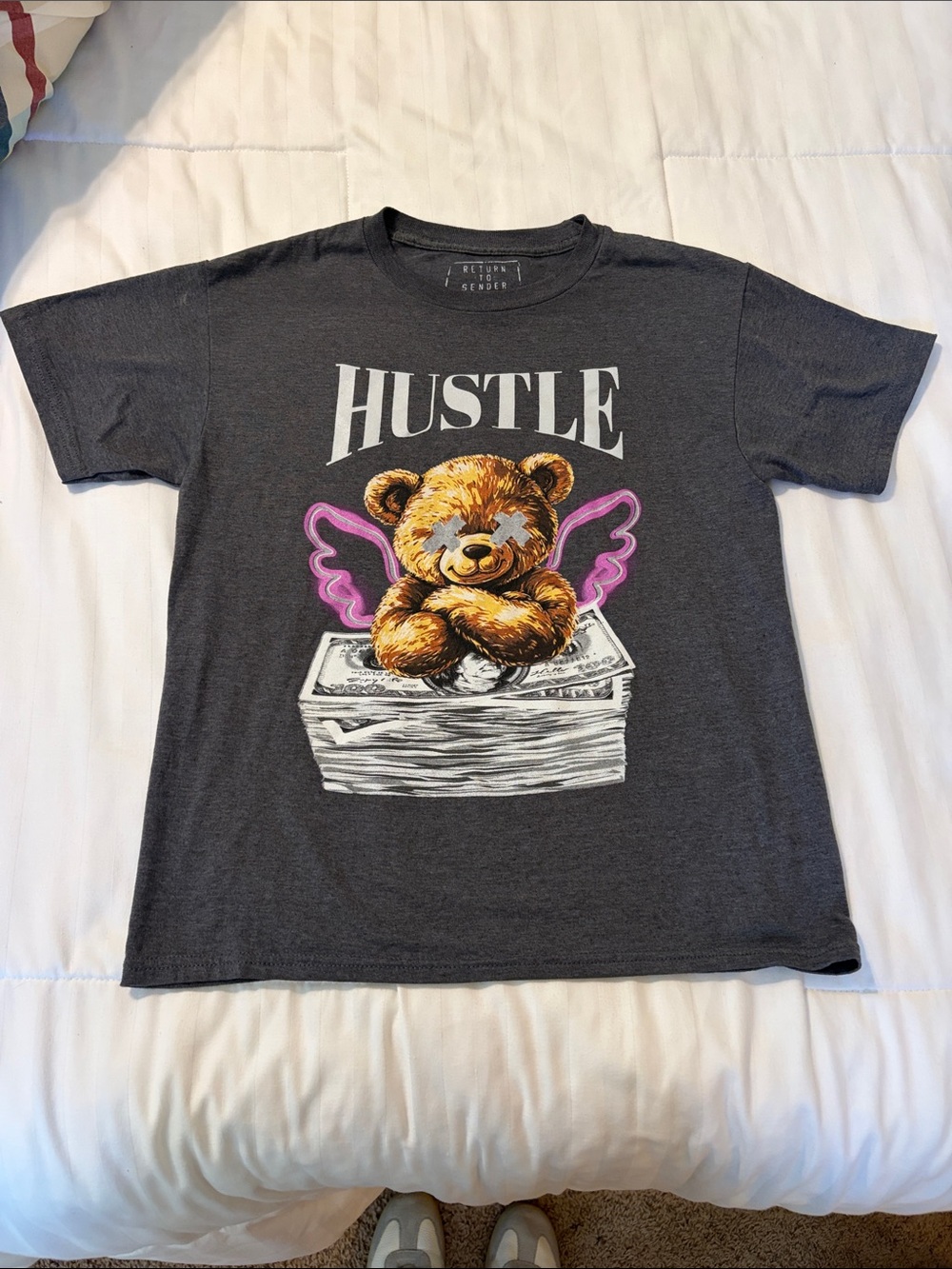 Kids' Charcoal Hustle Teddy Graphic Tee - Pink Accent